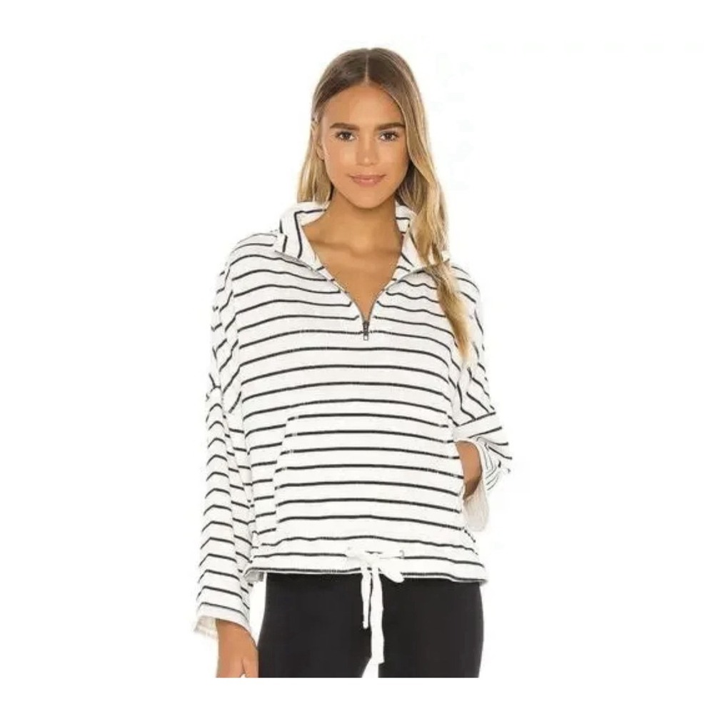 The Upside Tiena 1/4‎ Zip S Black White Striped Ribbed Pullover Coastal Preppy